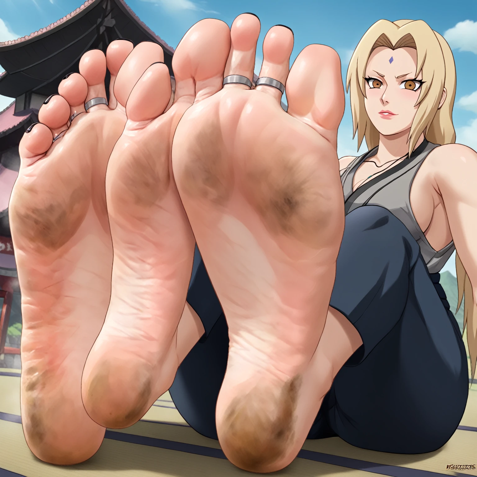 Tsunade From Naruto, feet, soles, exagerate wrinkled soles, very dirty soles, black toenail, toes ring, soles focus. Very detailed soles, Masterpiece, UHD