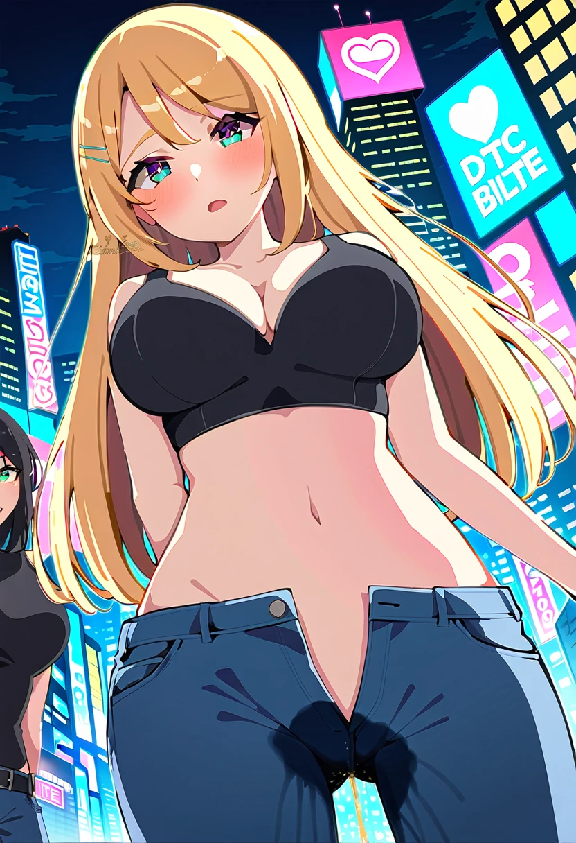 (masterpiece:1.37), best quality, (extremely detailed:1.37), woman, (mature:1.5), adult, large breasts, very long hair, (straight hair:1.5), blonde hair, blue eyes, (extremely detailed eyes:1.37), crop top, cleavage, navel, jeans, open fly, (groin:1.25), desperation, (wetting: self 3.0), standing, city, futuristic, neon lighting, high-tech, street