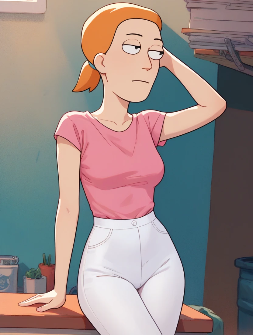 Summer Smith,, Orange hair, white pants, pink sleeveless low cut t-shirt looking straight and posing sexy 