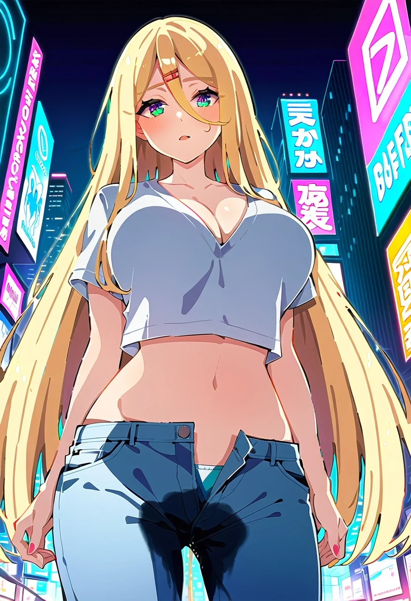 (masterpiece:1.37), best quality, (extremely detailed:1.37), woman, mature, (adult:1.5), large breasts, very long hair, (straight hair:1.5), blonde hair, blue eyes, (extremely detailed eyes:1.37), crop top, cleavage, navel, jeans, open fly, (groin:1.25), desperation, (wetting: self 3.0), standing, city, futuristic, neon lighting, high-tech, street