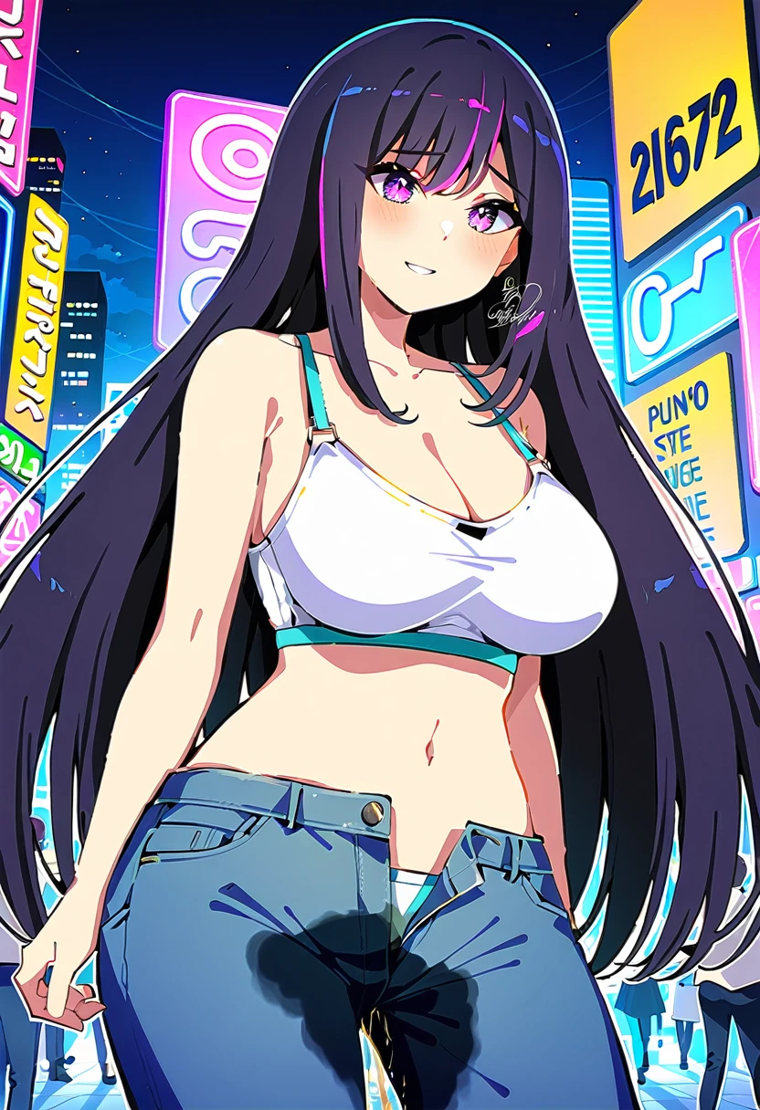 (masterpiece:1.37), best quality, (extremely detailed:1.37), woman, mature, (adult:1.5), large breasts, very long hair, (straight hair:1.5), dark purple hair, purple eyes, (extremely detailed eyes:1.37), crop top, cleavage, navel, jeans, open fly, (groin:1.25), desperation, (wetting: self 3.0), standing, city, futuristic, neon lighting, high-tech, street