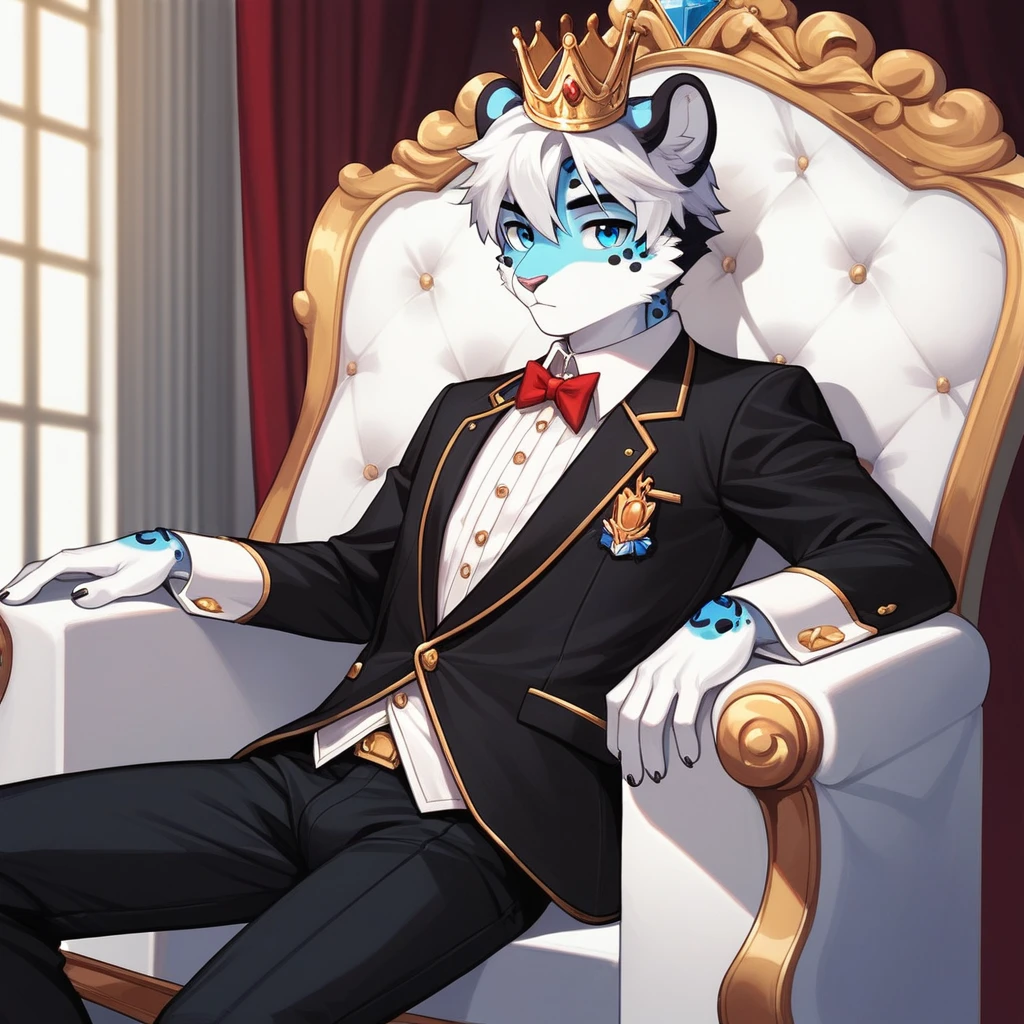 Score_9, score_8_up, score_7_up, source_cartoon, Anthro male, snow leopard, short white hair, blue eyes,  wearing regal kings outfit, kings top, elegant slacks, crown, sitting on an Elegant throne, in a throne room, young, tall and slender, portrait
