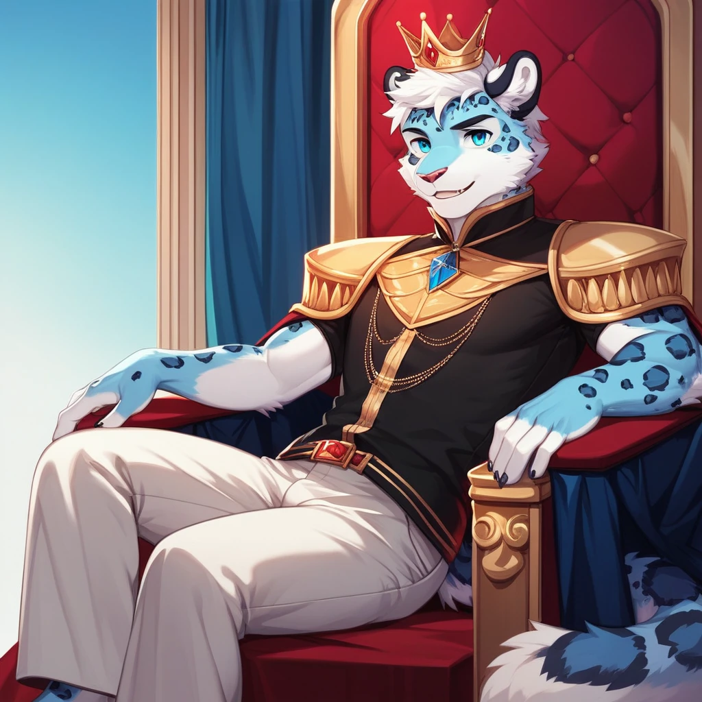 Score_9, score_8_up, score_7_up, source_cartoon, Anthro male, snow leopard, short white hair, blue eyes, wearing regal kings outfit, kings top, elegant slacks, crown, sitting on an Elegant throne, in a throne room, young, tall and slender, portrait
