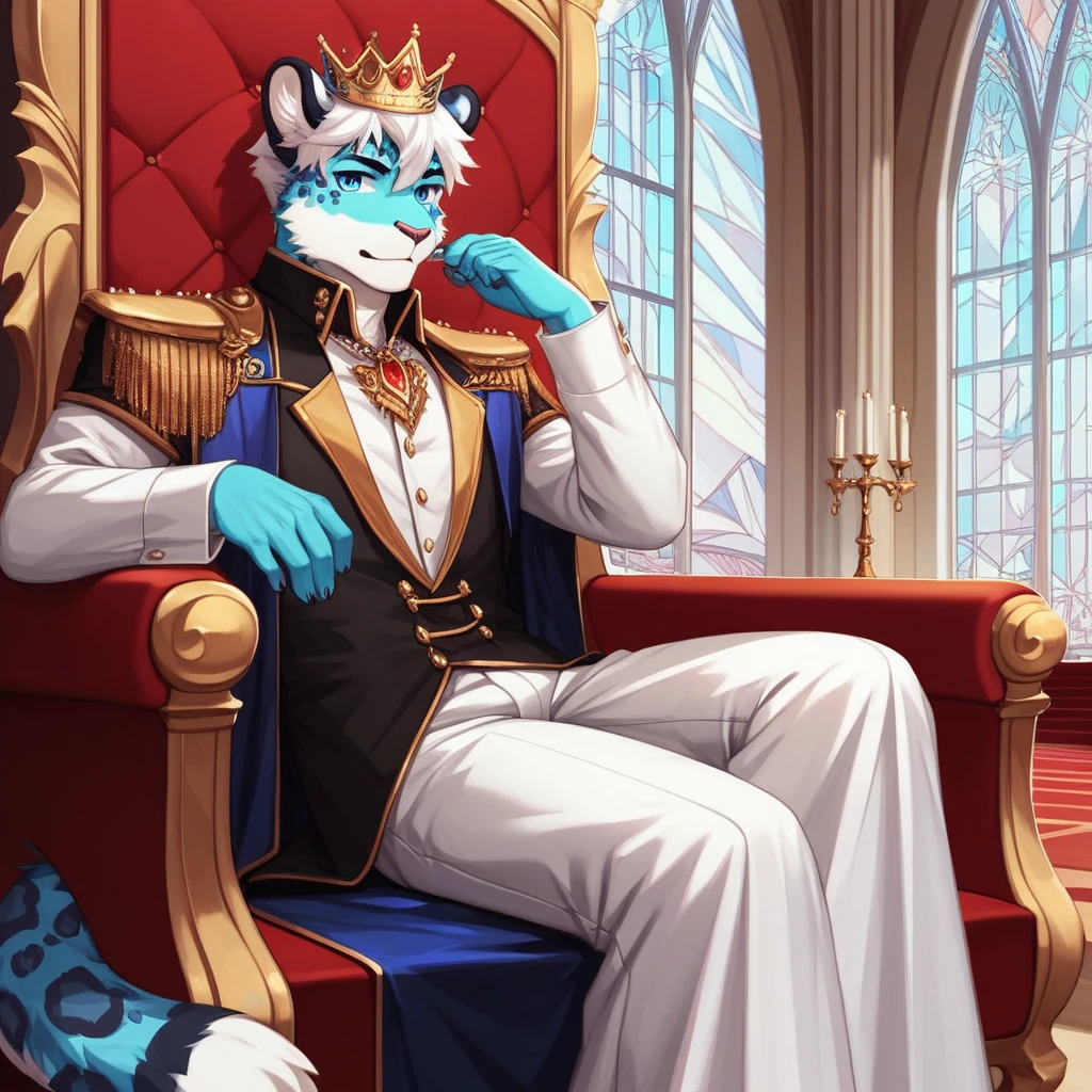 Score_9, score_8_up, score_7_up, source_cartoon, Anthro male, snow leopard, short white hair, blue eyes, wearing regal kings outfit, kings top, elegant slacks, crown, sitting on an Elegant throne, in a throne room, young, tall and slender, portrait