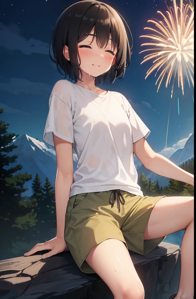 Sitting in the mountains,smile,Close ~ eyes,1. small ,short hair,Black Hair,blush,White T-shirt,Olive green shorts,Brown Sandals,White skin,From below,shy,Please open your mouth wide, Put your hands between your legs,night,firework,Sweaty,Wet,Cowboy Shot