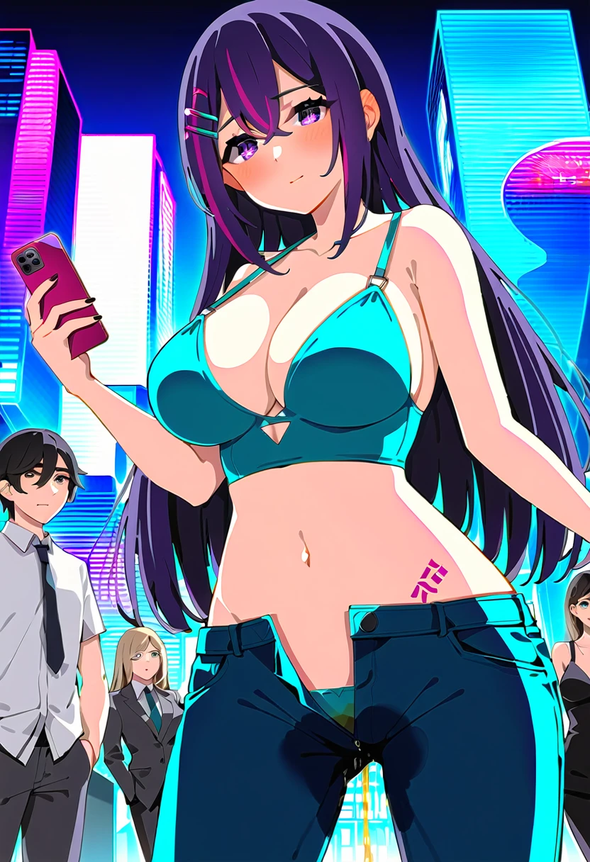 (masterpiece:1.37), best quality, (extremely detailed:1.37), woman, mature, adult, large breasts, very long hair, (straight hair:1.5), dark purple hair, purple eyes, (extremely detailed eyes:1.37), crop top, cleavage, navel, jeans, open fly, (groin:1.25), desperation, (wetting: self 3.0), standing, city, futuristic, neon lighting, high-tech, street, (female pervert:1.5)