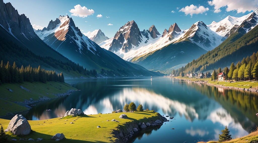 Mountains and rivers are presented in this painting style, Majestic nature, mountains river trees, beautiful landscape rendering, a lake between mountains, Detailed scenery —width 672, epic beautiful landscape, lindo cenario, Stunning landscape, Mountains and rivers, breathtaking landscape, fjord, Amazing landscape, Breathtaking landscapes, stunning nature in background, Beautiful landscape, fjord