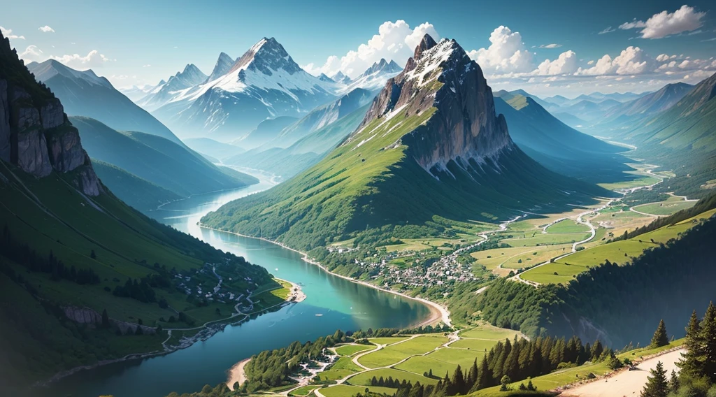 Mountains and rivers are presented in this painting style, Majestic nature, mountains river trees, beautiful landscape rendering, a lake between mountains, Detailed scenery —width 672, epic beautiful landscape, lindo cenario, Stunning landscape, Mountains and rivers, breathtaking landscape, fjord, Amazing landscape, Breathtaking landscapes, stunning nature in background, Beautiful landscape, fjord