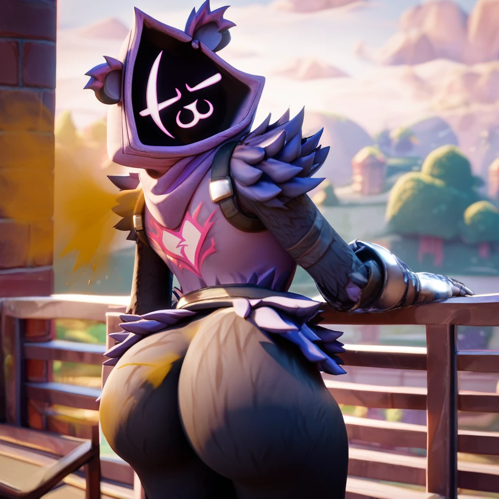 Raven team leader,purple hoodie, with no face, shadowed face, animal ears,purple skin, scar on eye, body skin, purple fur, waist belt, torso symbol, metal gloves, pointing your ass at the viewer, leaning forward, pushing, she closes her eyes, hands resting on top of a small wall, arms on top of a wall with her eyes closed, expression of force. scenery and a sunny day, butt, large butt, farting, fart, flatulence, back view