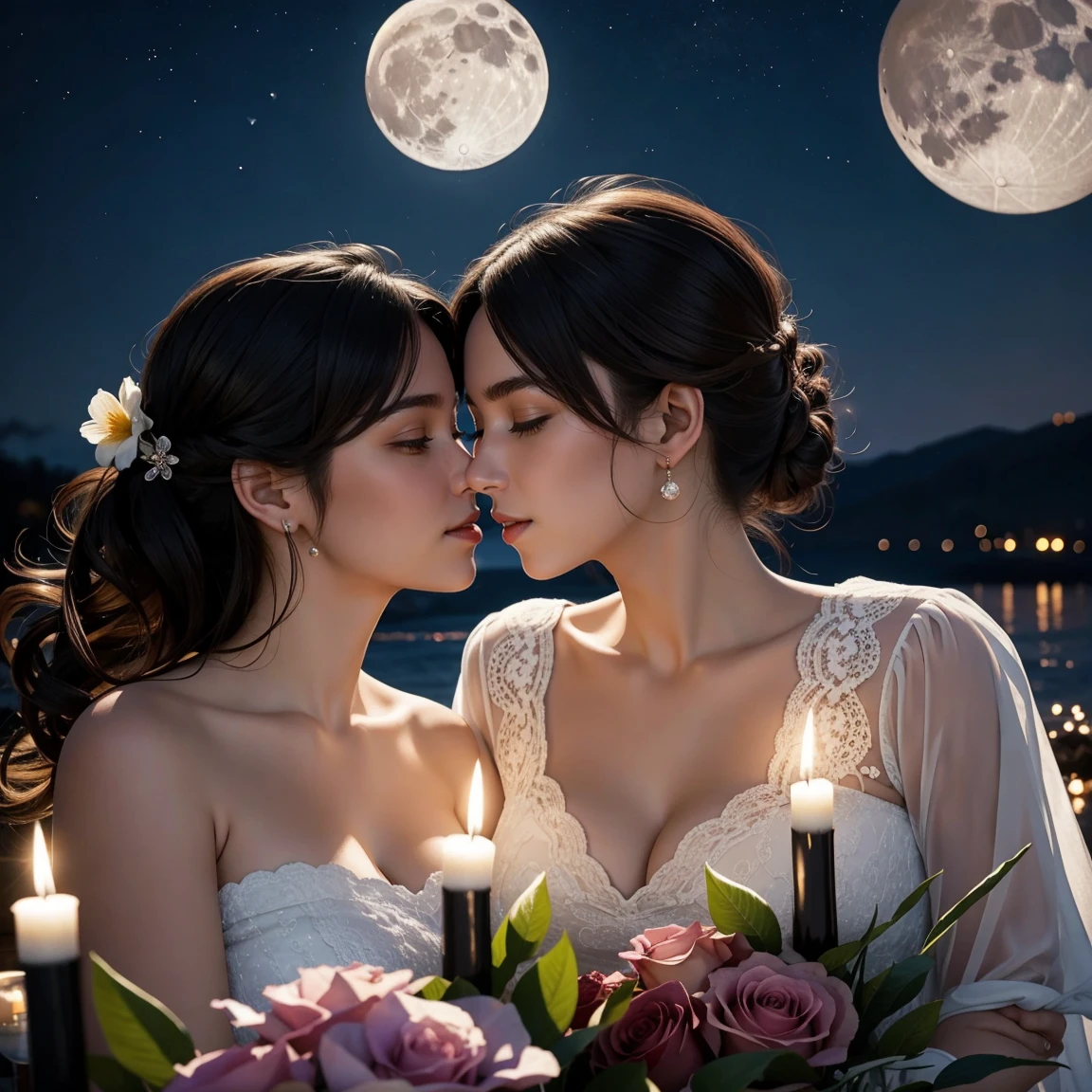 two women is deeply in love with each other, kiss, romantic atmosphere, flower and moon