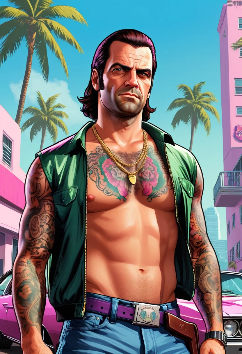 (gta style:1.5)，(GTA Vice City, GTA 5 cover art, gta style: 1.5), Shirtless man tattooed with gun and long hair without gta symbol