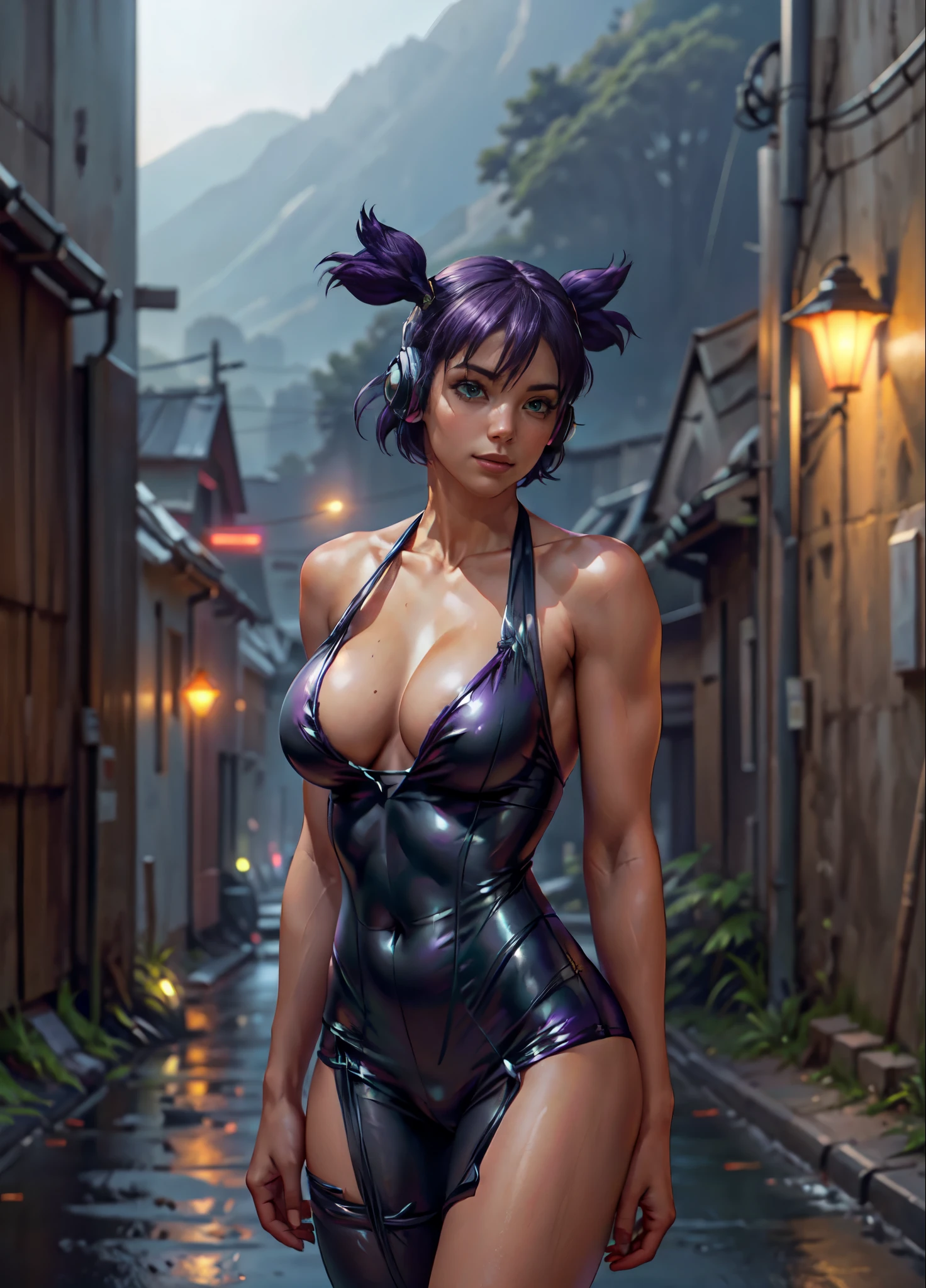 very young slim fit girl, full height, shy smile, perfect huge breast, cinematic light, HDR picture, 16k, masterpiece, cinematic light, ultra realistic, high definition picture, un, purple hair, (two sides up:1.2), (short hair:1.1), big green eyes, two twintails, ripped short red jumpsuit, tight microbikini, looking at camera, headphones, outdoors, (night:1.1), scenic view, cyber Moscow 2077, Russia, realistic, photo background, realistic skin texture, detailed background, beautiful and detailed artworko