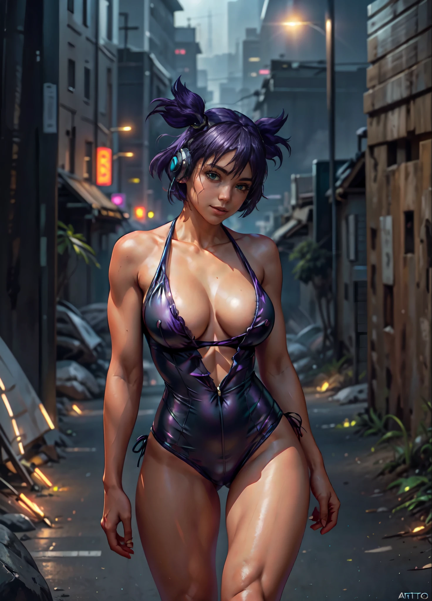very young slim fit girl, full height, shy smile, perfect huge breast, cinematic light, HDR picture, 16k, masterpiece, cinematic light, ultra realistic, high definition picture, un, purple hair, (two sides up:1.2), (short hair:1.1), big green eyes, two twintails, ripped short red jumpsuit, tight microbikini, looking at camera, headphones, outdoors, (night:1.1), scenic view, cyber Moscow 2077, Russia, realistic, photo background, realistic skin texture, detailed background, beautiful and detailed artworko