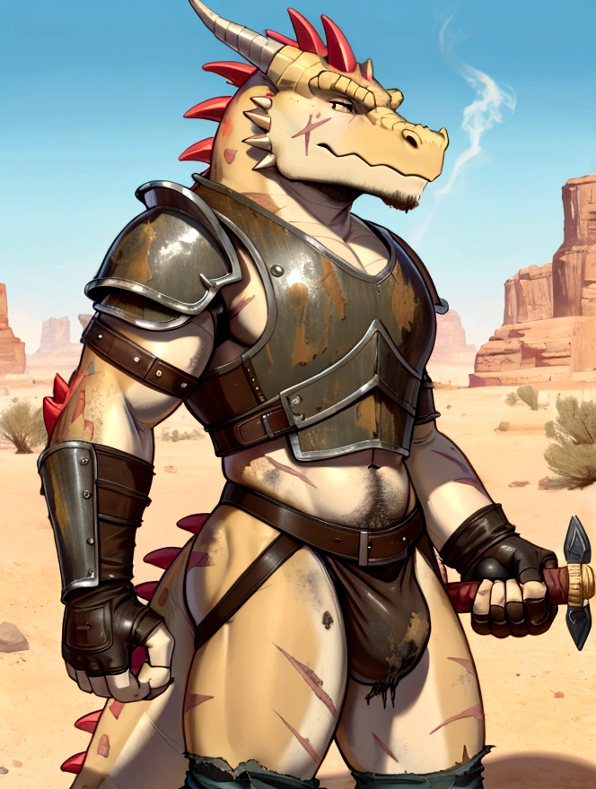 Solo Sexy young anthro scalie dragon male mercenary medieval solider, slim endomorph muscular, anthro handsome gay shorter muzzle, handsome gay model male apperance, sword scars, worn out leather skimpy armament, low on hips heavy leather belt, old very worn out skimpy dirty linen material jockstrap, old yellow dirty worn out stains on white sawn jockstrap, very visible "x" brown seam pattern on the jockstrap, studded skimpy armlets breastplate armor, skimpy breastplate, red husk, leather bondages, fingerless leather gloves, smelly unwashed husk, dirty body look, desert battlefield, standing in sexy fighting position, close view of full character