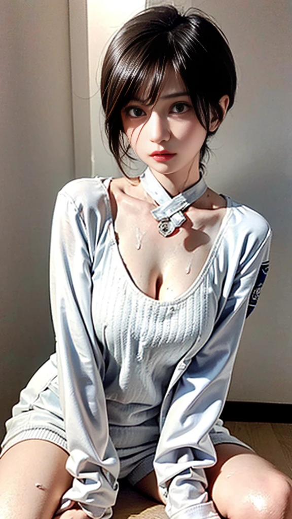 1girl in, POV, 1boy,  between breasts,   , Sweat, cleavage, , , Room, full of sweat, Large breasts, motion line, motion-blur, Warm summer, white  shirt,Precise features and delicate expressions,huge breasts are wet,Very beautiful woman,、((trembling))、(Slim and thick ),Toned body、Composition of the whole body、Perfect human body、(((Sweat,steam, Oil,gleaming skin、realistic skin textures、Detailed beautiful skin、Shiny skin、shiny white skin)))、Boy's room、Study guidance by a private tutor、reward、darkened room、Studying、((Vertical ribbed sweater dress with open neckline)), Holding a red pen、Spread your legs in front of you、Embarrassing and embarrassed face、astonished face、wearing lab coat、science women、flask、beaker microscope、science books、Woman straddling a man