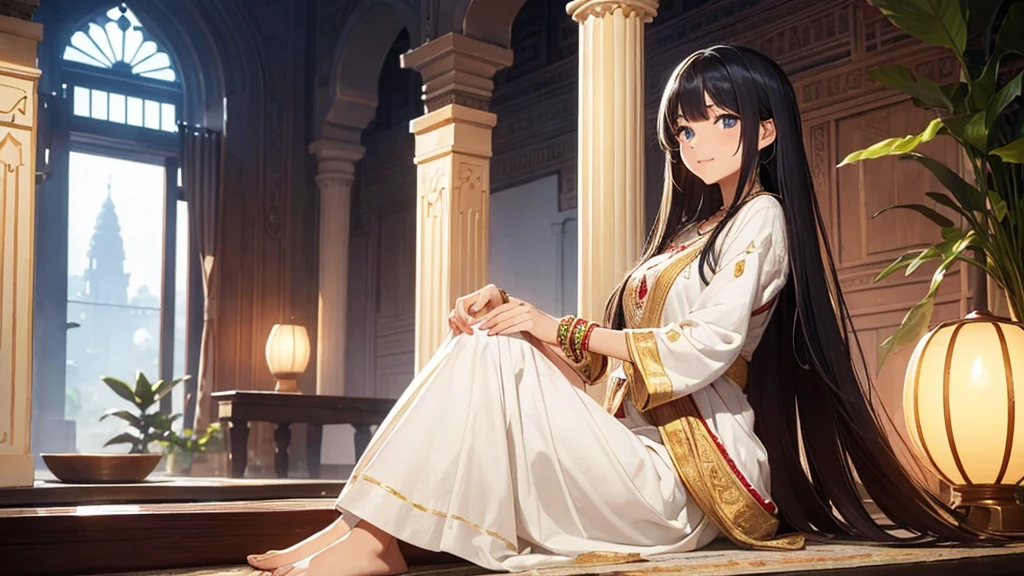 "Create an anime-style image of a 16-year-old girl named Mellow. Mellow should have the following characteristics:Eyes: Blue, reflecting a serene and calm expression.Hair: Long, straight, and black, flowing smoothly down her back.Expression: Serene and peaceful, with a gentle smile that conveys tranquility.Outfit: Mellow should be dressed in an Anarkali suit, which is a long, flowy dress that is fitted at the top and flares out at the bottom. The Anarkali suit should be beautifully embroidered, reflecting traditional Indian style. The colors and patterns should be rich and detailed, showcasing intricate designs.Accessories: Minimal, perhaps a simple bracelet or necklace to keep the focus on her natural beauty and the traditional attire.Pose and Setting:Pose: She should be sitting and playing a sitar, with her posture reflecting a sense of relaxation and engagement with the music.Setting: The background should depict a cozy and well-lit indoor setting, capturing the peaceful and relaxing atmosphere. Elements such as soft lighting, traditional Indian decor, and a serene ambiance should be present.Negative Prompt: Ensure no text is included in the image."