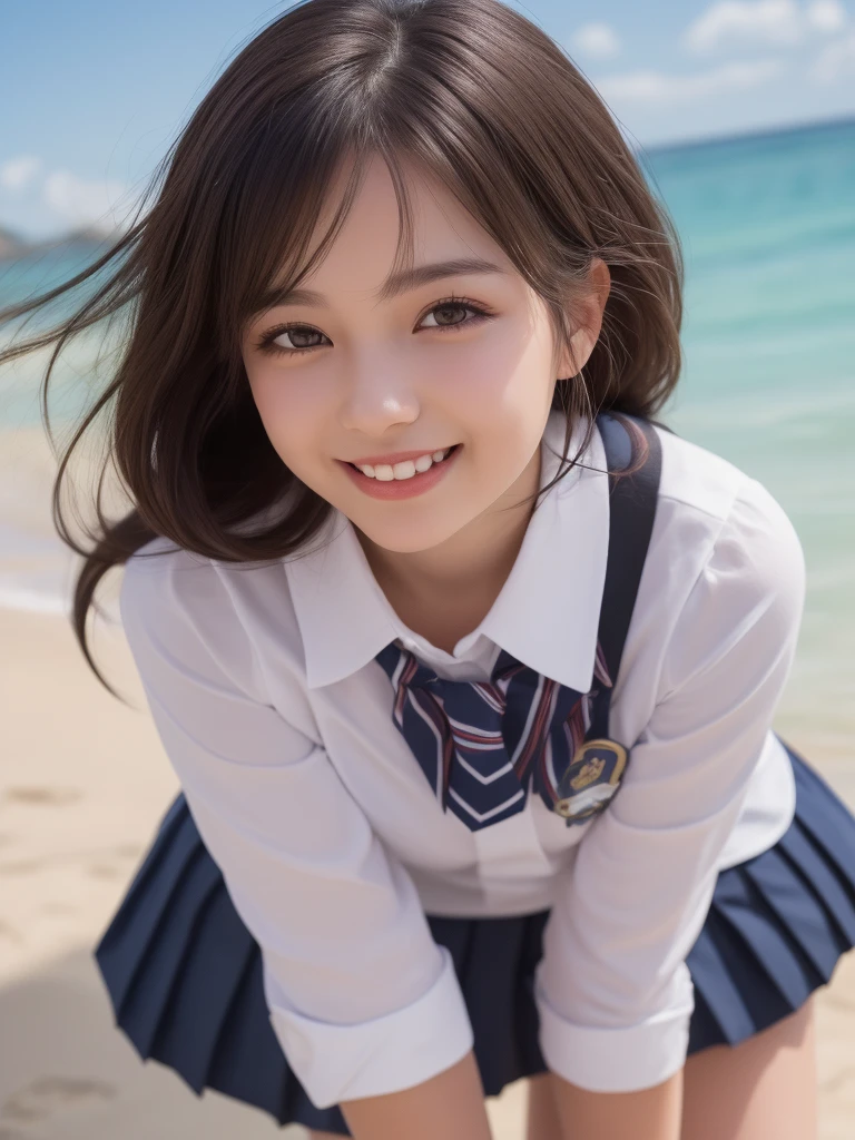 (1woman), kawaii, (round eyes:1.2), (highly detailed face and eyes), (big smile), Amazing face and eyes, (school uniform, pleated mini skirt:1.3), (Best Quality:1.4), (Ultra-detailed), (extremely detailed CG unified 8k wallpaper), Highly detailed, High-definition raw color photos, Professional Photography, Realistic portrait, summer, (beach), (fine face:1.2),