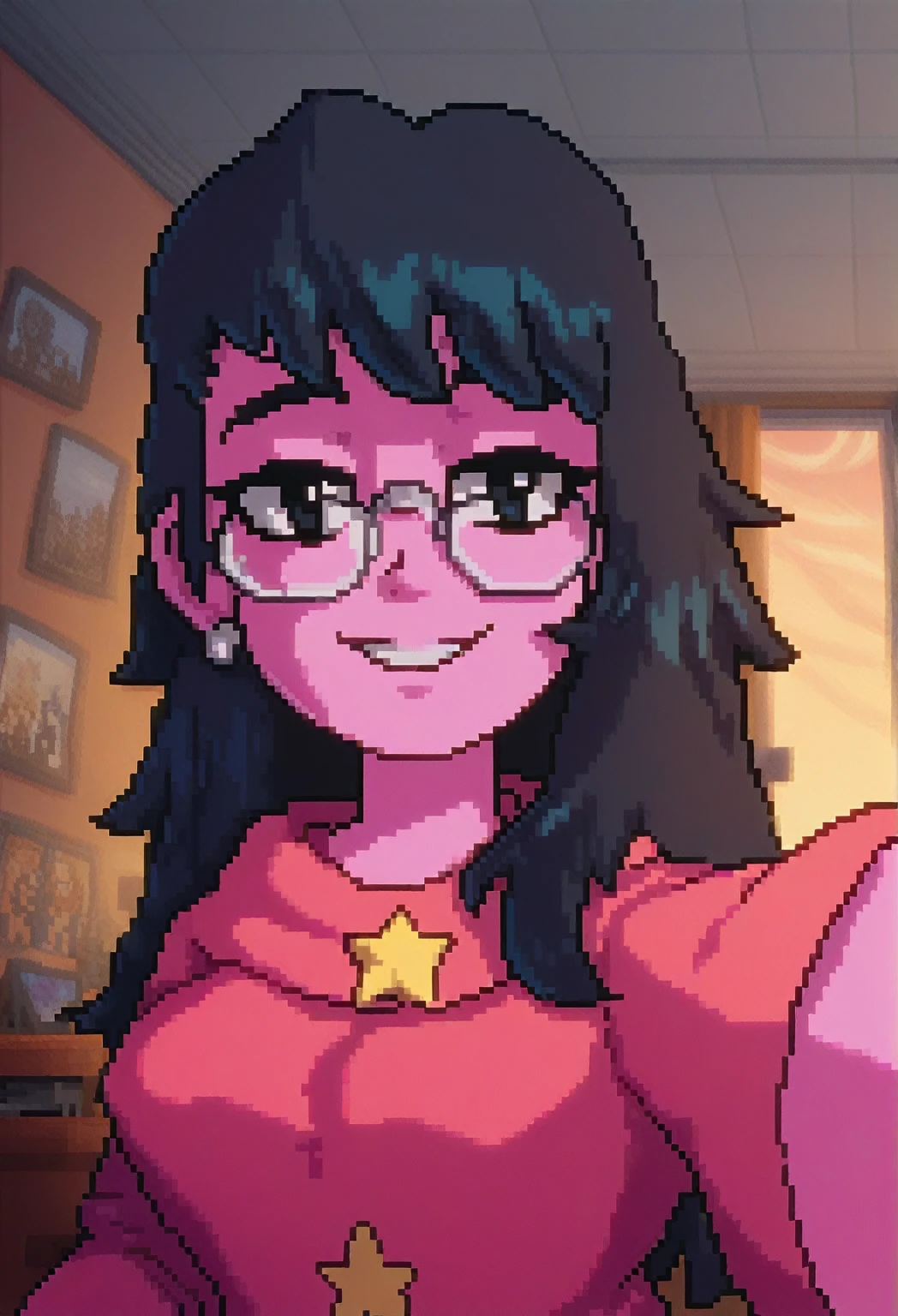 pixel art, Veronica Cipher ((upper body selfie, hapiness的)), Masterpiece, Superior quality, ultra detailed, alone, exterior, (evening), ROOM, gamer, (Star, officer) hapiness, hapiness的, sweater, have, wood, Get rich, shadow, Compared, clear sky, analogy style (View viewer:1.2) (texture) (film grain: 1.3), (cold colors, pastel colors): 1.2) close up, movie light, Side light, ultra high resolution, 背心shadow, RAW, wear a sweater, Kodak Vision 3, girl, Glasses, black eyes, (black hair, wide, messy fur) pink skin.