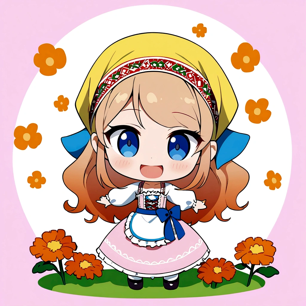 golden orange hair, gradient hair, very long hair, swept bangs, sidelocks, curly hair, wavy hair, (((((head scarf))))), head bandana, pink apron, flower in hair, marigold, orange flower, dirndl, pink dress, pink dirndl, long sleeves, waist apron, white apron, bow on waist, blue bow, , polish clothing, Slavic clothing, Hungarian clothing, anime, cute, flat chest, solo, exaggerated expression, chibi,(((((:3}}}}} smile, open mouth, blue eyes, white stockings, black shoes, full body