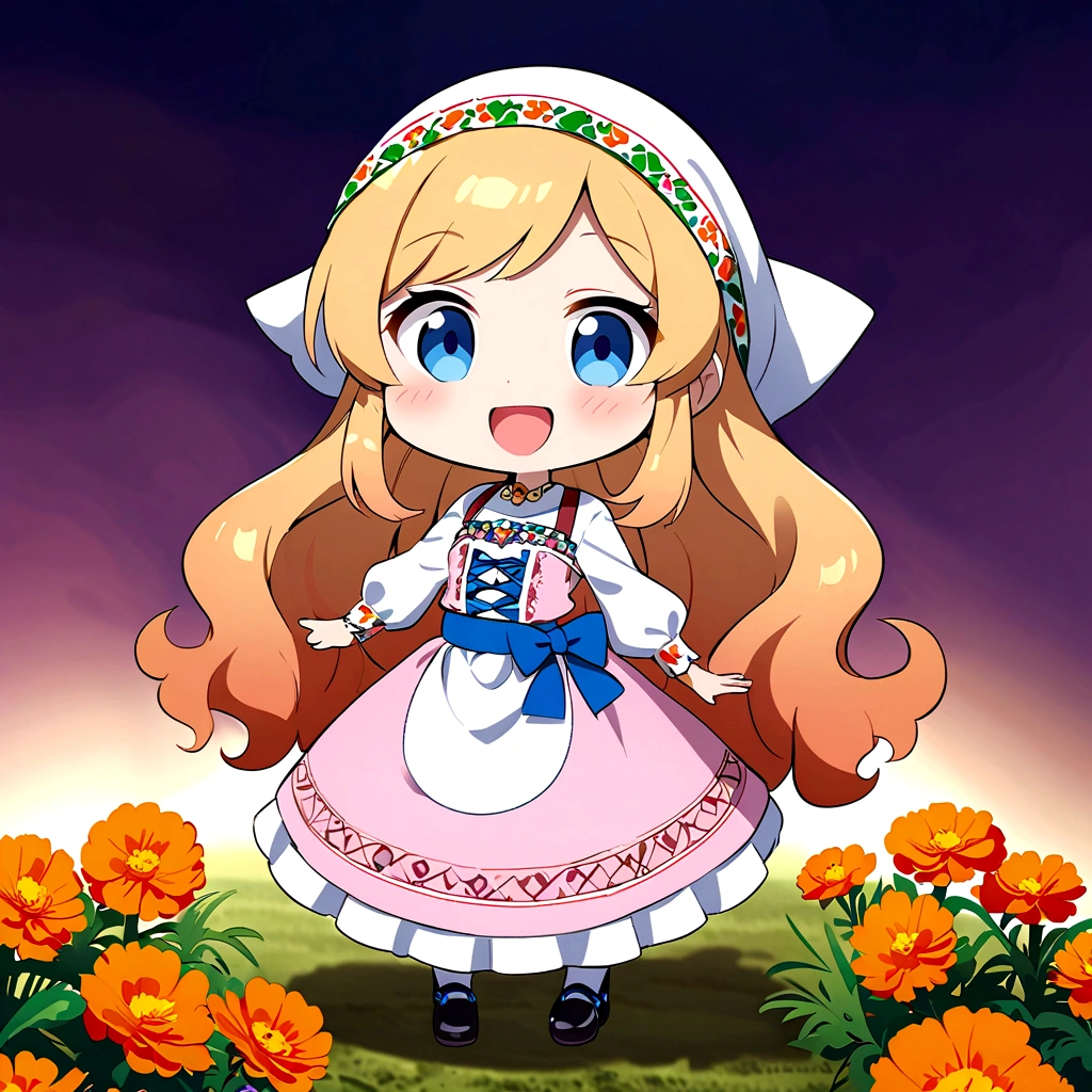 golden orange hair, gradient hair, very long hair, swept bangs, sidelocks, curly hair, wavy hair, (((((head scarf))))), head bandana, pink apron, flower in hair, marigold, orange flower, dirndl, pink dress, pink dirndl, long sleeves, waist apron, white apron, bow on waist, blue bow, , polish clothing, Slavic clothing, Hungarian clothing, anime, cute, flat chest, solo, exaggerated expression, chibi,(((((:3}}}}} smile, open mouth, blue eyes, white stockings, black shoes, full body