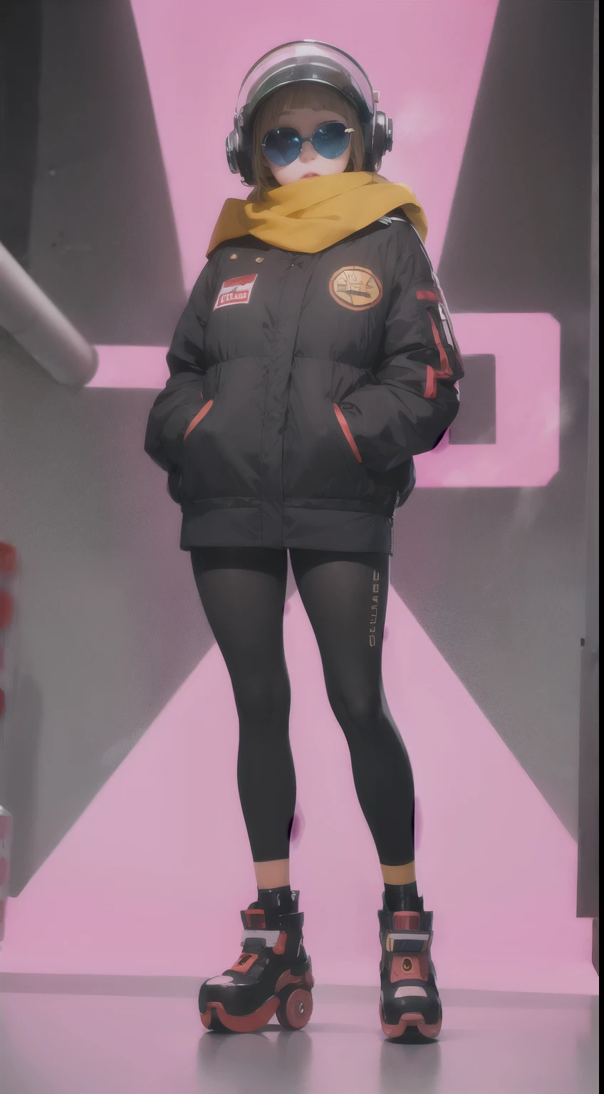 short woman, (ultra detailed,ultra high res,detailed background),((2D)),((flat color)),((muted color)),((floating neon)),1girl,solo,looking at viewer, spray paint, graffiti, girl in a colorful fencing suit, long plush scarf, full body image, adult woman, anatomically perfect face, face in focus, symmetrical face, rollerskates, wearing a 1950's scifi helmet with a visor, big sunglasses