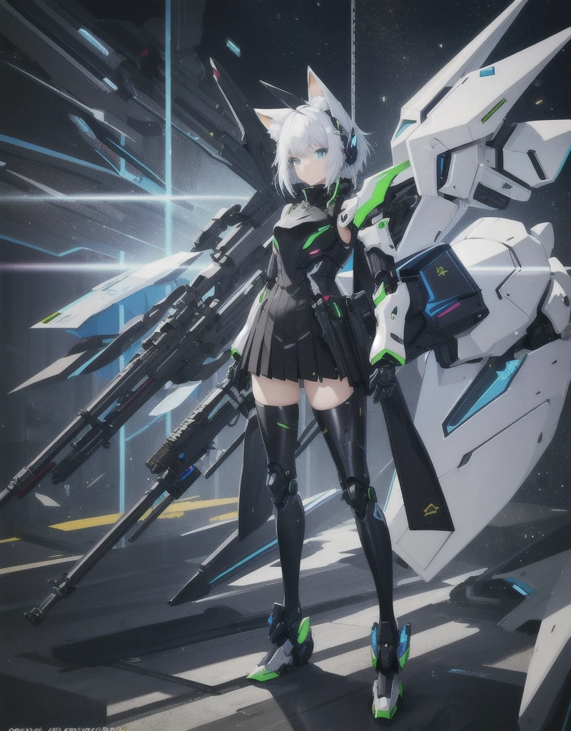 girl with partial light mecha top suit ((small neko ears)) and ((fox tail)), mechanical extensions, stokings, ((one leg has a_ black stocking)), the other leg is skin, holding a giant Sniper Rifle Pointed to the ground, Beautiful face with perfect sky-blue and green eyes, white hair, damaged oversized shirt over the suit which shows shoulders and skin. Futuristic wings with neon and rifles Cool dynamic pose, school skirt, mecha musume, mechanical parts, mecha, headgear, robot joints, full armor, becoming a mecha. High quality anime style