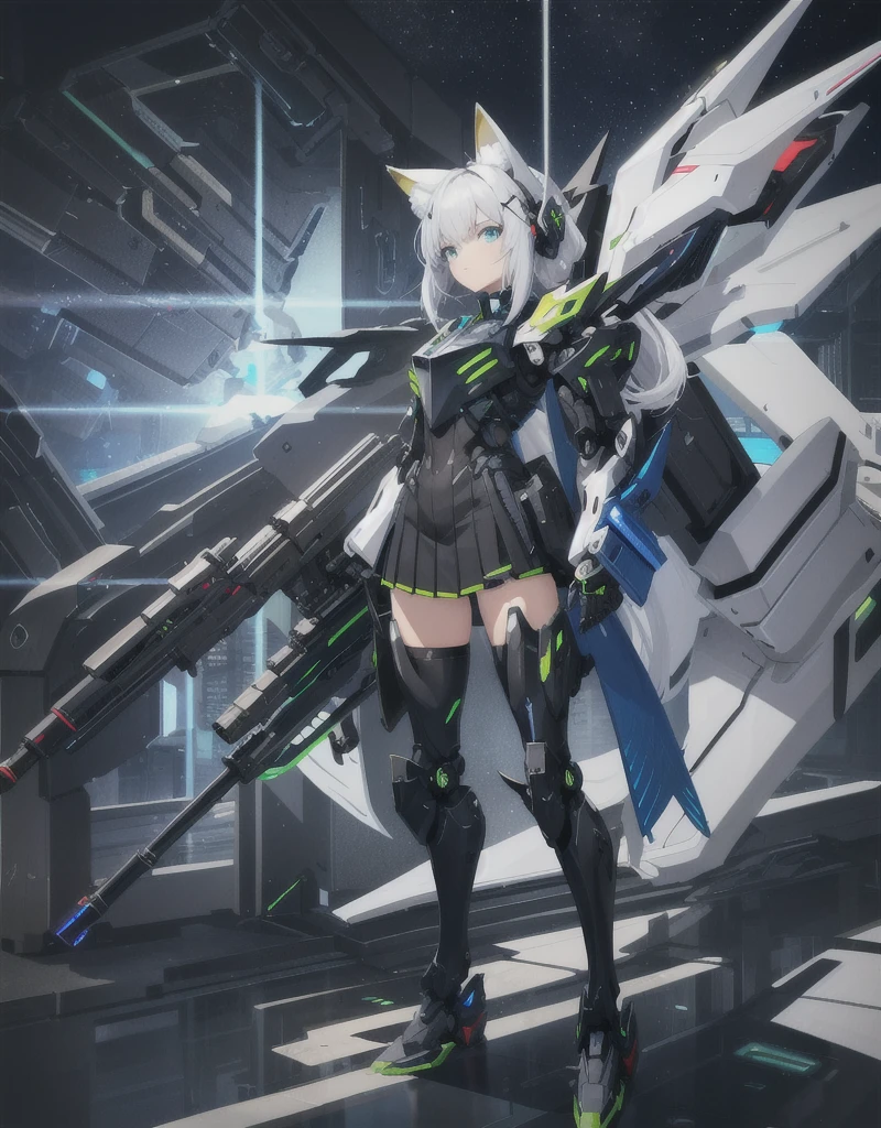 girl with partial light mecha top suit ((small neko ears)) and ((fox tail)), mechanical extensions, stokings, ((one leg has a_ black stocking)), the other leg is skin, holding a giant Sniper Rifle Pointed to the ground, Beautiful face with perfect sky-blue and green eyes, white hair, damaged oversized shirt over the suit which shows shoulders and skin. Futuristic wings with neon and rifles Cool dynamic pose, school skirt, mecha musume, mechanical parts, mecha, headgear, robot joints, full armor, becoming a mecha. High quality anime style