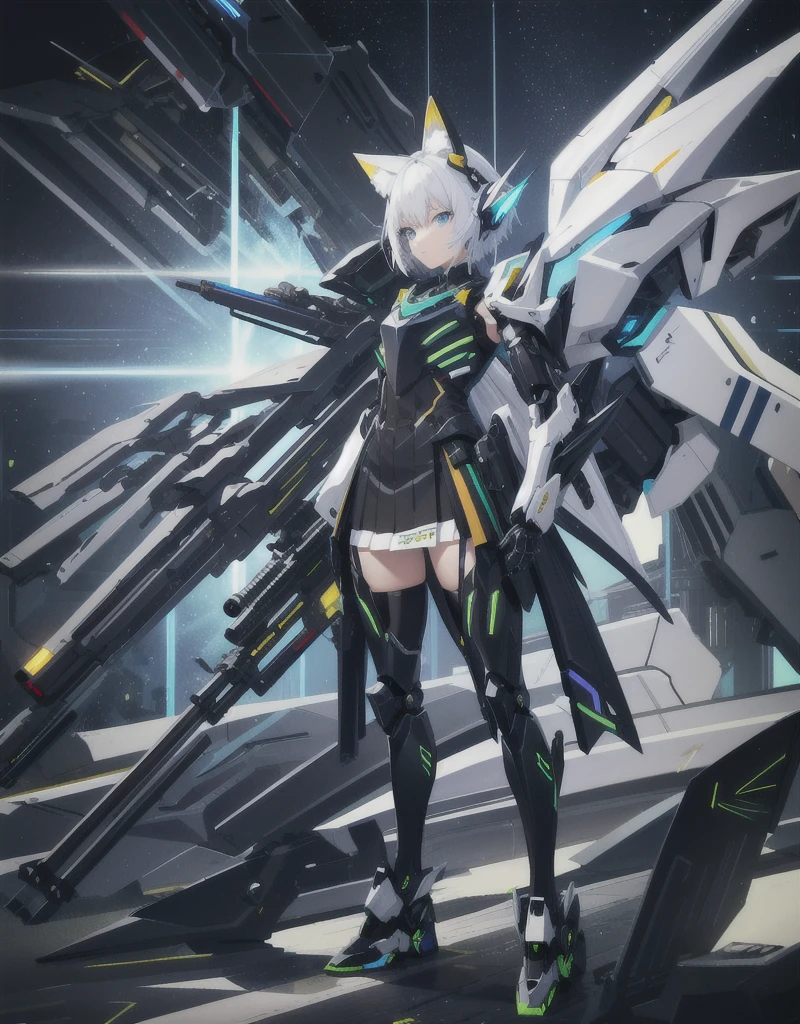 girl with partial light mecha top suit ((small neko ears)) and ((fox tail)), mechanical extensions, stokings, ((one leg has a_ black stocking)), the other leg is skin, holding a giant Sniper Rifle Pointed to the ground, Beautiful face with perfect sky-blue and green eyes, white hair, damaged oversized shirt over the suit which shows shoulders and skin. Futuristic wings with neon and rifles Cool dynamic pose, school skirt, mecha musume, mechanical parts, mecha, headgear, robot joints, full armor, becoming a mecha. High quality anime style