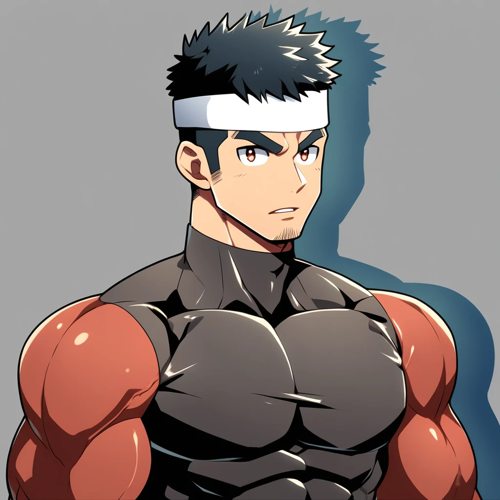 anime characters：Gyee, Muscle Sports Student, Manliness, sports headband, male focus, Cute boy with big eyes, Brown high collar long sleeve tight T-shirt, Slightly transparent material, Very tight, Round, full and perky chest muscles, Slightly transparent, muscular male, muscular, only, Upper body, alone, Black short hair, Thick eyebrows, stubble, Cute little eyes, Brown-red pupils, Grey background, simple background, amazing quality, best aesthetics, Ridiculous, crew cut, parted lips, v-shaped eyebrows, jitome, drop shadow, best quality