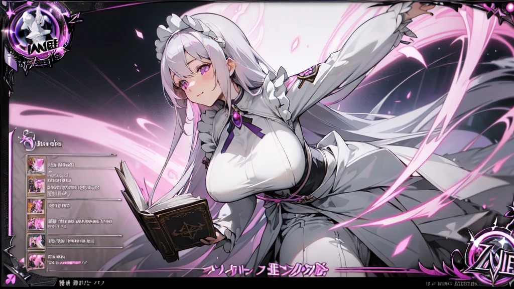 anime priestess maid, white silver maid dress, (magic book with a silver metal cover tied to waist), (((large breasts))), ((anime character sheet)), ((very long grey hair with pink strands)), light purple eyes, Alexandrina from Zenless Zone Zero, warm motherly smile, several poses, several expressions