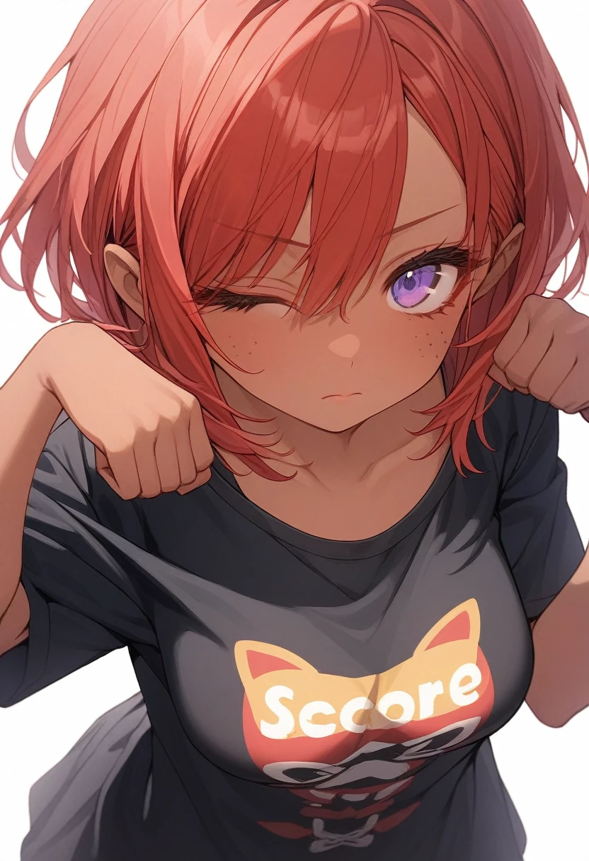 Best quality, score_9, score_8_up, score_7_up, 1girl, tan skin, freckles, left eye blue, right eye yellow, red hair, short hair, (paw pose), hands at shoulder height, clenched fists, black oversize shirt, off shoulder, short sleeves, saggy shirt, closed mouth, inexpressive, medium breasts, woman, looking at viewer, upper body, from above, zoom out, 