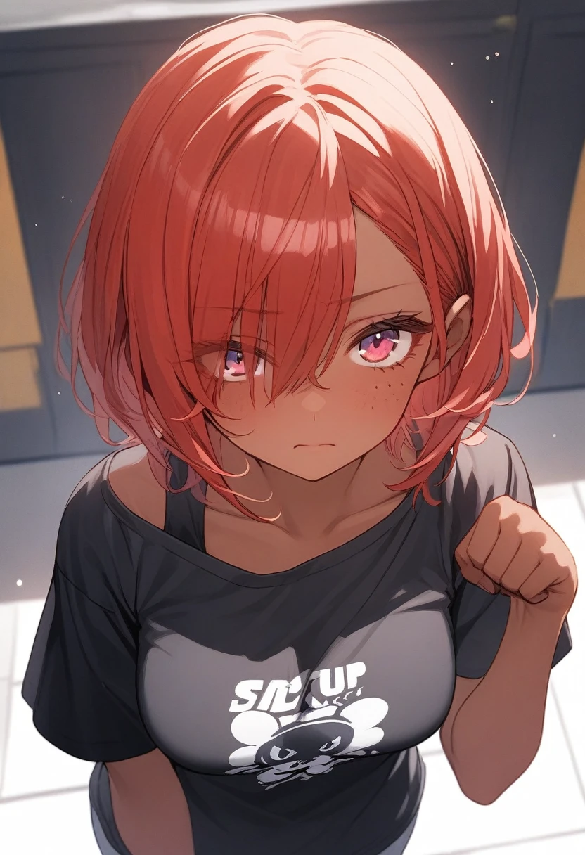 Best quality, score_9, score_8_up, score_7_up, 1girl, tan skin, freckles, left eye blue, right eye yellow, red hair, short hair, (paw pose), hands at shoulder height, clenched fists, black oversize shirt, off shoulder, short sleeves, saggy shirt, closed mouth, inexpressive, medium breasts, woman, looking at viewer, upper body, from above, zoom out, 