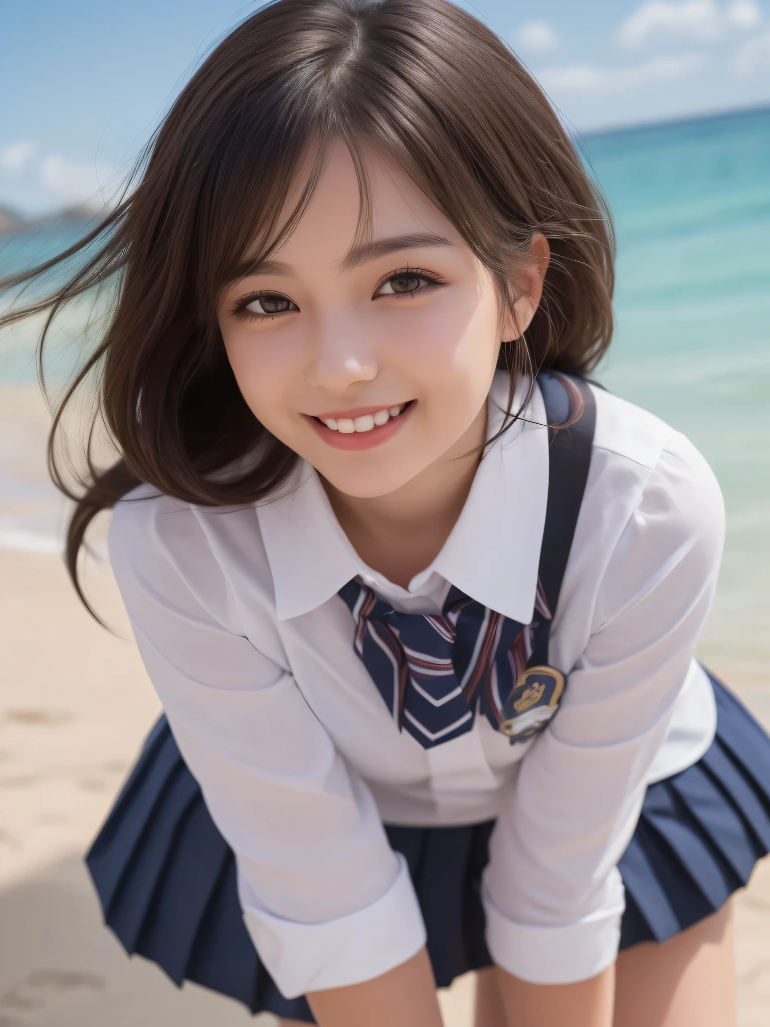 (1woman), kawaii, (round eyes:1.2), (highly detailed face and eyes), (big smile),  Amazing face and eyes, (school uniform, pleated mini skirt:1.3), (Best Quality:1.4), (Ultra-detailed), (extremely detailed CG unified 8k wallpaper), Highly detailed, High-definition raw color photos, Professional Photography, Realistic portrait, summer, (beach), (fine face:1.2),