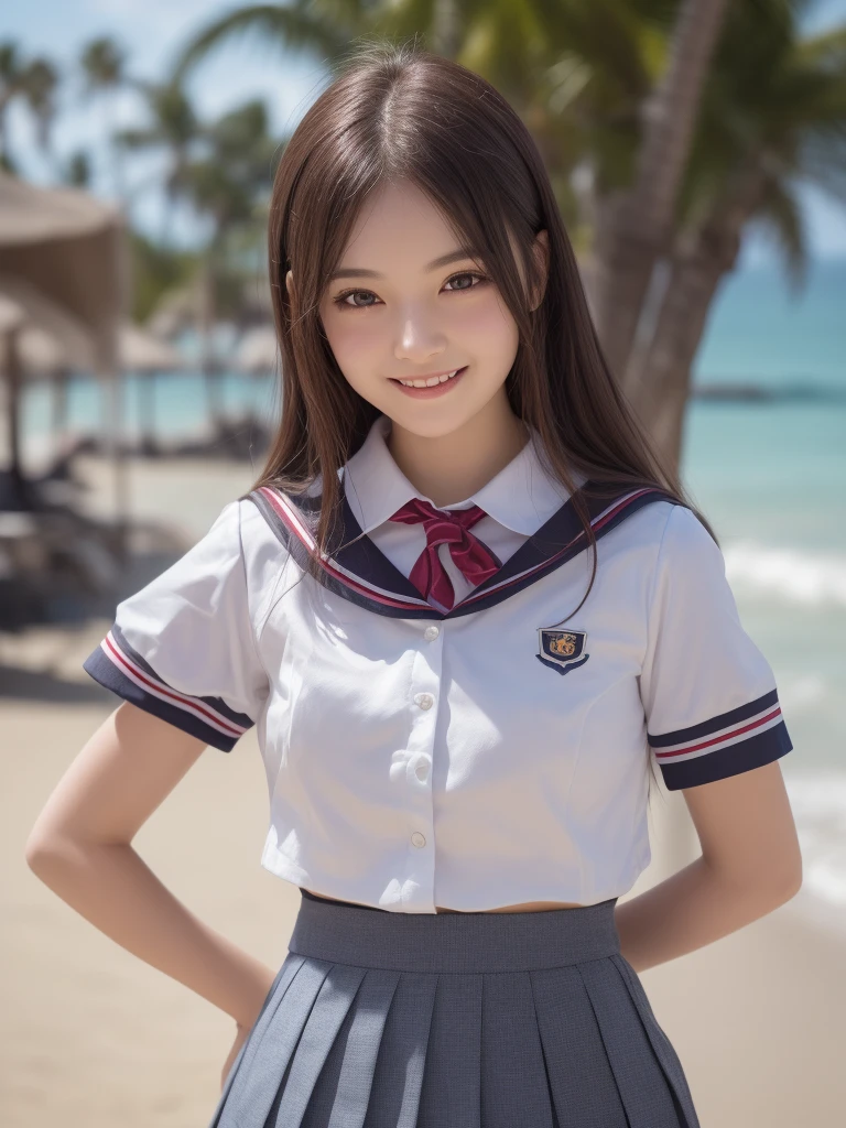 (1woman), kawaii, (round eyes:1.2), (highly detailed face and eyes), (big smile),  Amazing face and eyes, (school uniform, pleated mini skirt:1.3), (Best Quality:1.4), (Ultra-detailed), (extremely detailed CG unified 8k wallpaper), Highly detailed, High-definition raw color photos, Professional Photography, Realistic portrait, summer, (beach), (fine face:1.2),