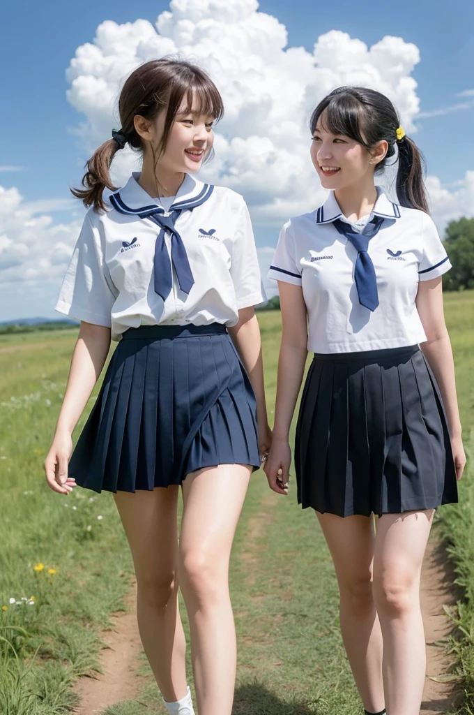 2 girls walking in rural field,cumulonimbus cloud in summer sky,sailor shirt,navy blue pleated skirt,white thong,18-year-old,bangs,a little smile,thighs,knees,short hair with low pigtails bunches,from below,front light