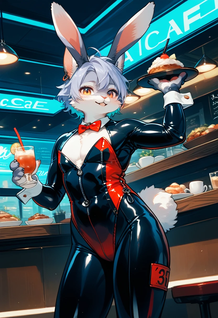 Highest quality, Highest quality, High quality illustrations, masterpiece, Ultra-high resolution, Detailed Background, Cafe, Shisha, Absurd, Perfect ???????, Performance, Good lighting, Shadows in the movie(kemono, Furry Personification), Rubber suit, Rubber Suit, latex, Earrings, Bunny Suit, rabbit, male