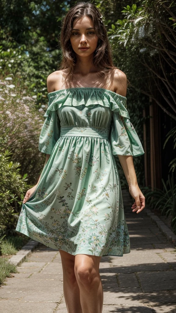 Off the shoulder, elegant, flowy, green dress, floral printed tool. Very green nature influenced with occasional floral print.