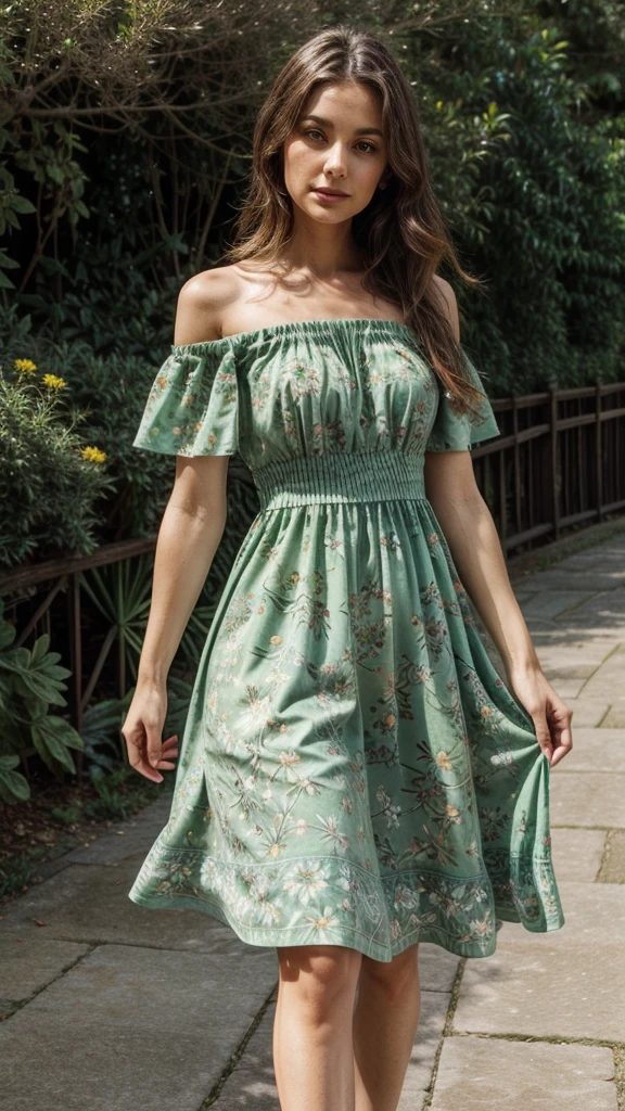 Off the shoulder, elegant, flowy, green dress, floral printed tool. Very green nature influenced with occasional floral print.