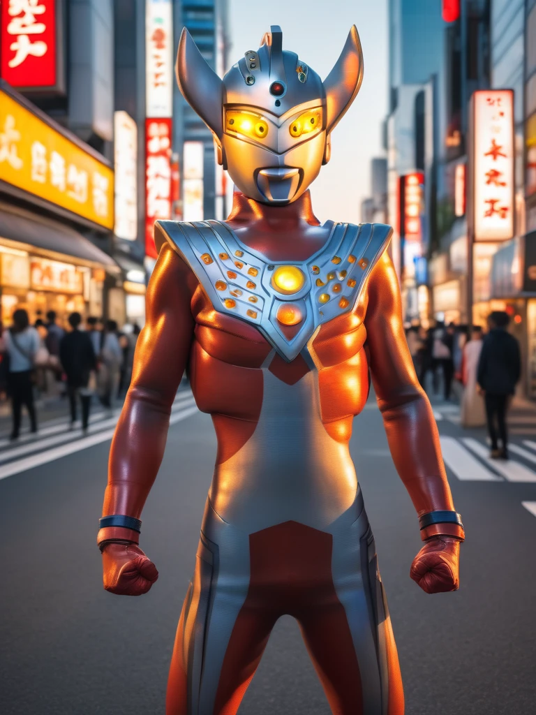 40m tall Giant superhero Ultraman Taro,standing on the streets of Tokyo at sunset, tall and slim, portrait, fighting pose, photo high quality, realistic photo, reddening at sunset, silver helmet, glass hemisphere on chest glows, yellow eyes, forehead lamp glows,martial arts pose, 4K
