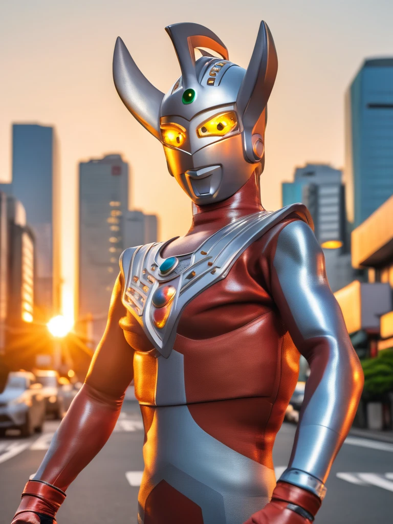 40m tall Giant superhero Ultraman Taro,standing on the streets of Tokyo at sunset, tall and slim, portrait, fighting pose, photo high quality, realistic photo, reddening at sunset, silver helmet, glass hemisphere on chest glows, yellow eyes, forehead lamp glows,martial arts pose, 4K
