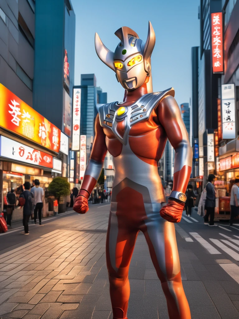 40m tall Giant superhero Ultraman Taro,standing on the streets of Tokyo at sunset, tall and slim, portrait, fighting pose, photo high quality, realistic photo, reddening at sunset, silver helmet, glass hemisphere on chest glows, yellow eyes, forehead lamp glows,martial arts pose, 4K
