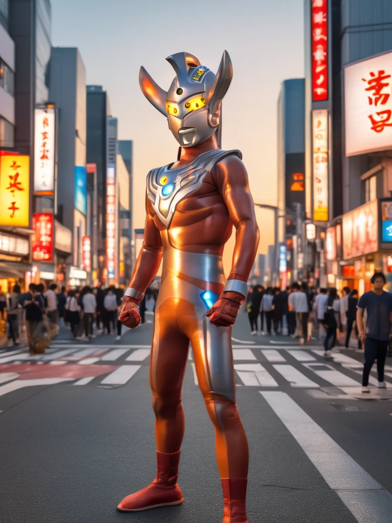 40m tall Giant superhero Ultraman Taro,standing on the streets of Tokyo at sunset, tall and slim, portrait, fighting pose, photo high quality, realistic photo, reddening at sunset, silver helmet, glass hemisphere on chest glows, yellow eyes, forehead lamp glows,martial arts pose, 4K
