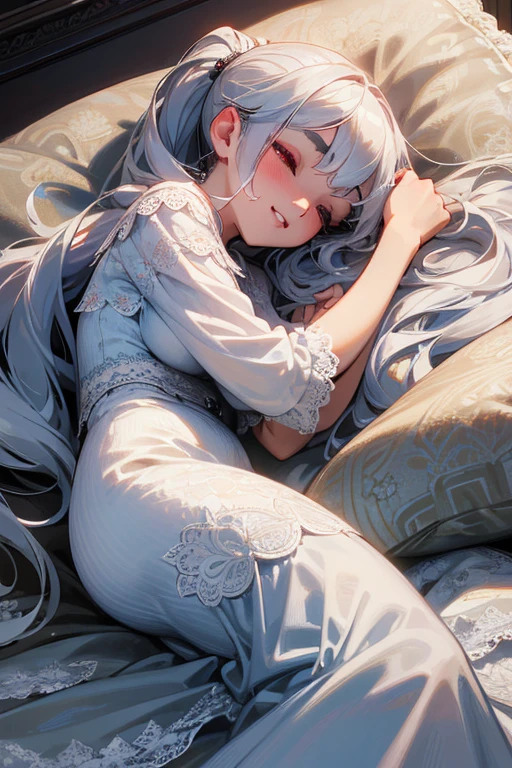 (Highest quality, masterpiece:1.2), (High resolution, 最高masterpiece).(difficult).Very detailed, Realistic:1.37, Fantasy, An illustration,Gray Hair、 Red eyes、Queen, White and blue dress、beautifully、Eyeshadow Red、Thick eyebrows、Long eyelashes、pupils are black、shiny on the lips、Top Sites、Queen、Princess、A kind smile、Show your teeth a little and smile、Soft impression、people々々々Loved by、Slimming the face、Shoulder Bare、ponytail、Kissing Face、Long white hair、Shaggy Bangs、Save face image、((Lace Underwear)).sexy、((Sleeping with eyes closed))