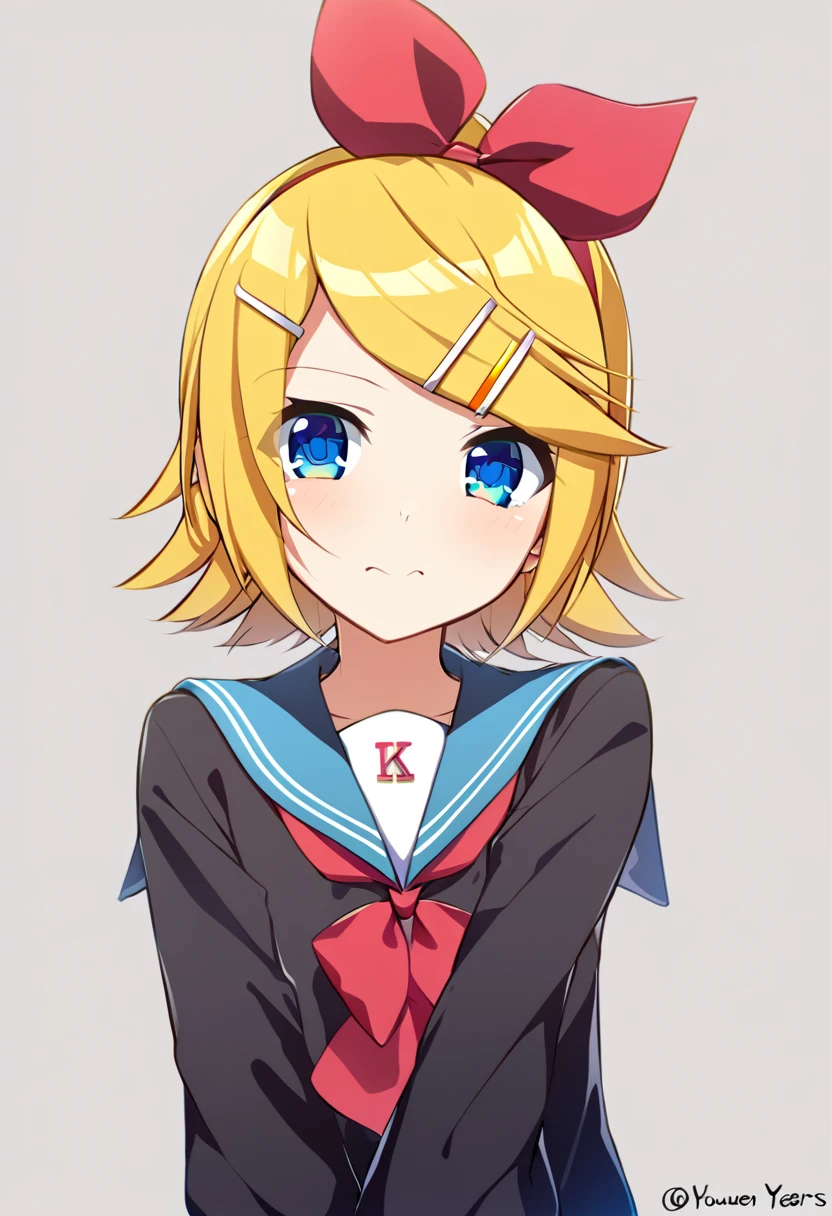 one girl, Kagamine Rin, Vocaloid, blue eyes, simple background, sailor collar, off shoulder, black sleeve, hair clip, hair bow, 