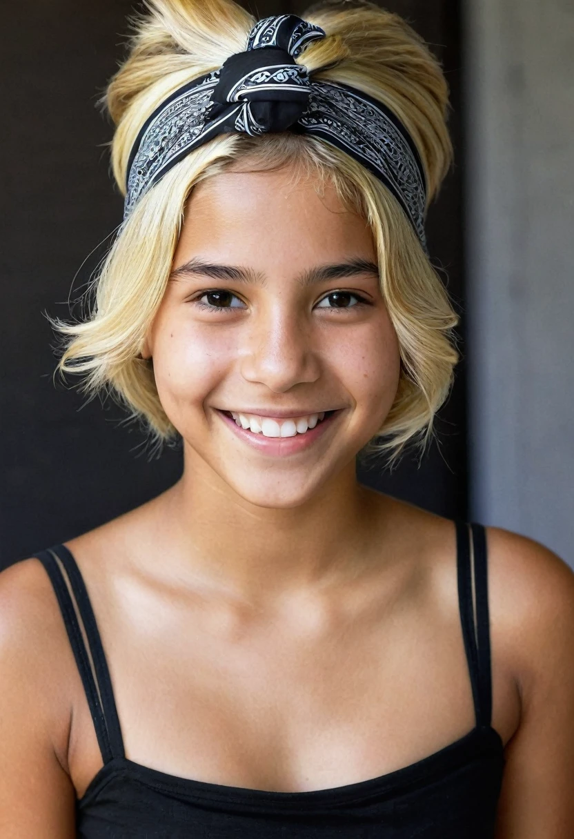 girl blonde latina, orphan, black bandana on head, flat chest,smile, cinematographic, barely nakedless