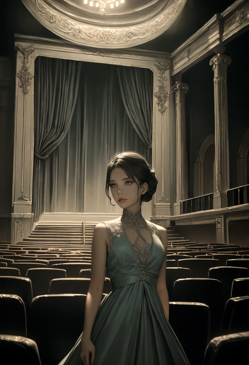 1girl, detailed beautiful eyes, detailed beautiful lips, extremely detailed face, long eyelashes, elegant dress, posing in a theater, ornate interior, lush curtains, classical architecture, dramatic lighting, cinematic mood, muted color palette, atmospheric, photorealistic, masterpiece, 8k, highres, hyper detailed