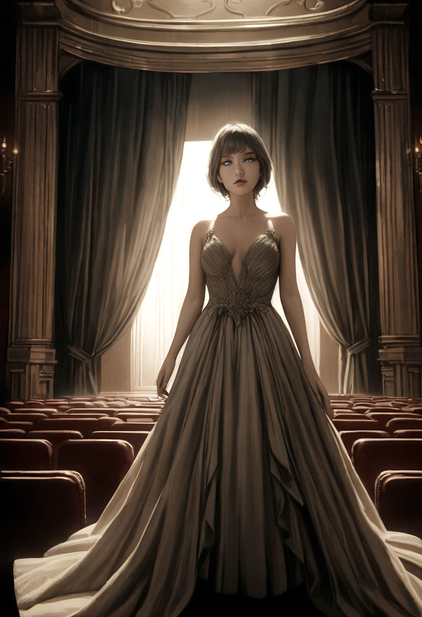 1girl, detailed beautiful eyes, detailed beautiful lips, extremely detailed face, long eyelashes, elegant dress, posing in a theater, ornate interior, lush curtains, classical architecture, dramatic lighting, cinematic mood, muted color palette, atmospheric, photorealistic, masterpiece, 8k, highres, hyper detailed