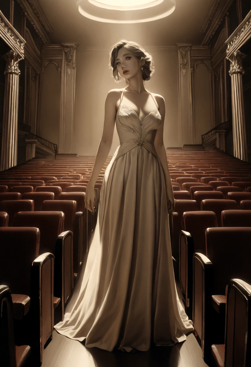 1girl, detailed beautiful eyes, detailed beautiful lips, extremely detailed face, long eyelashes, elegant dress, posing in a theater, ornate interior, lush curtains, classical architecture, dramatic lighting, cinematic mood, muted color palette, atmospheric, photorealistic, masterpiece, 8k, highres, hyper detailed