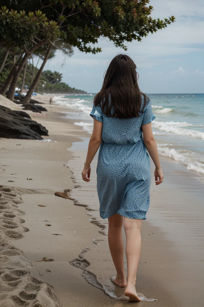 Brunette, walk on the beach, realistic