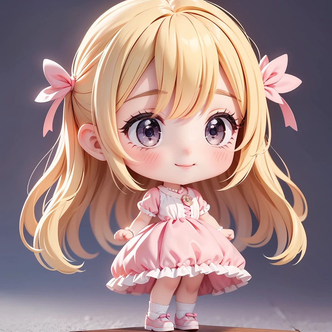 Super Chibi Character:1.8、Wearing cute shoes、The gaze is looking at us、background:simple、Blonde Hair、Cute 7 year old girl、pink cinderella dress、smile:1.5